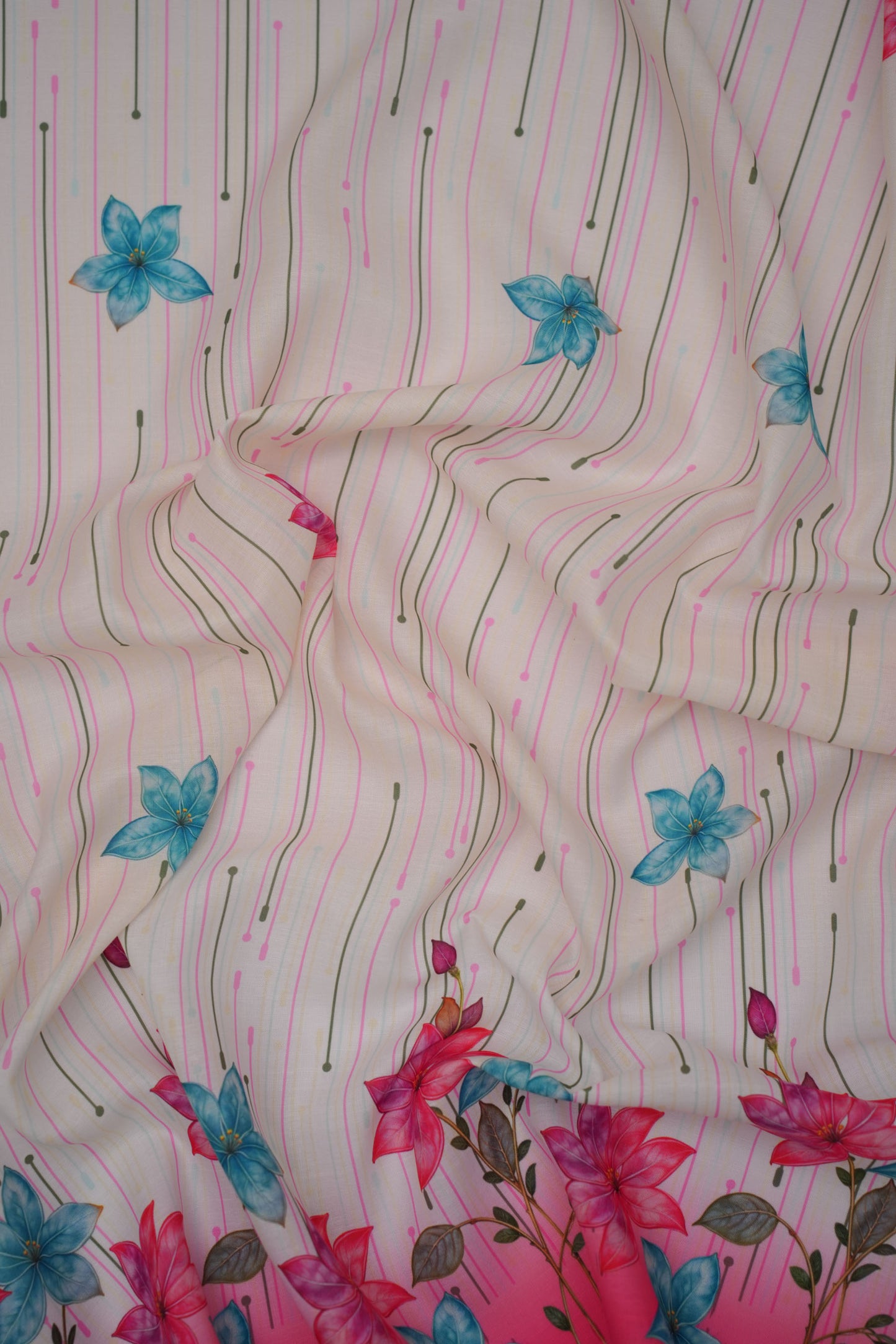 Bloomfall Pink Linen Floral Printed Fabric