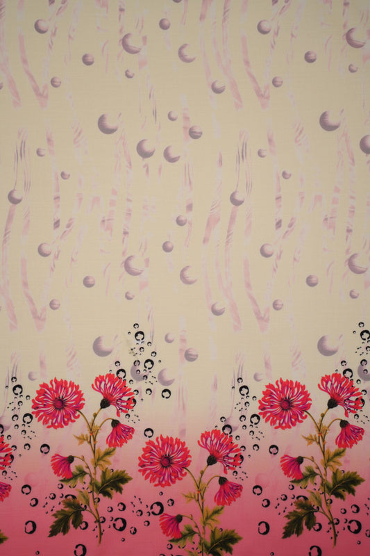 Coral Chrysanthemum Pink Linen Floral Printed Fabric