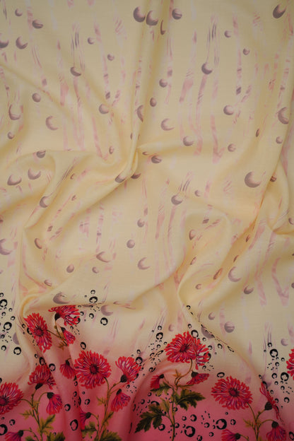 Coral Chrysanthemum Pink Linen Floral Printed Fabric