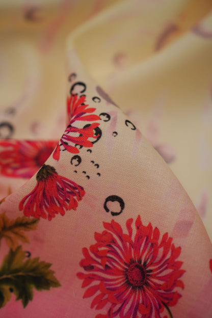 Coral Chrysanthemum Pink Linen Floral Printed Fabric