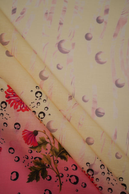 Coral Chrysanthemum Pink Linen Floral Printed Fabric