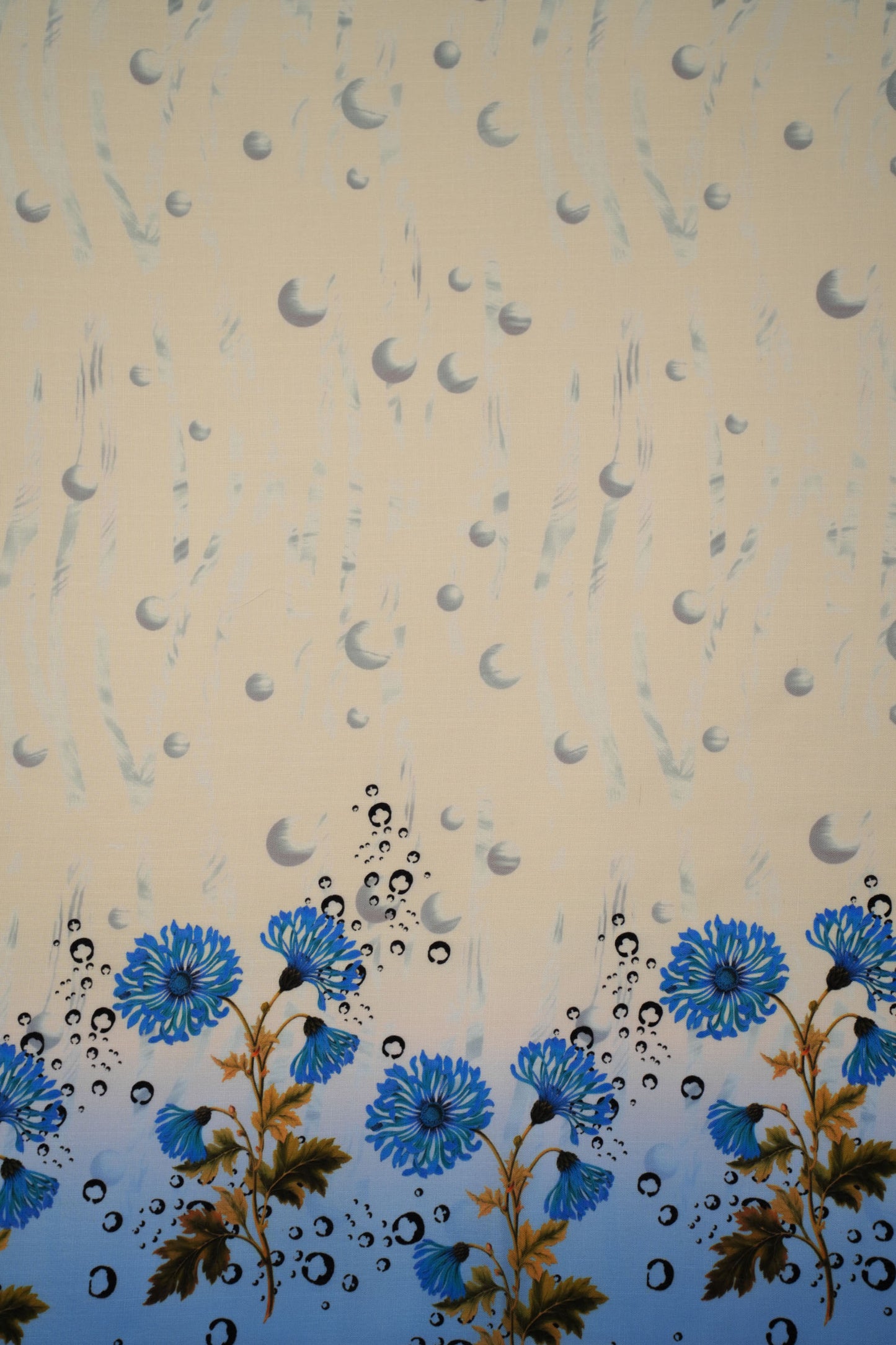 Coral Chrysanthemum Blue Linen Floral Printed Fabric