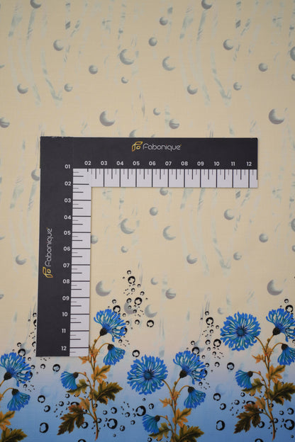 Coral Chrysanthemum Blue Linen Floral Printed Fabric