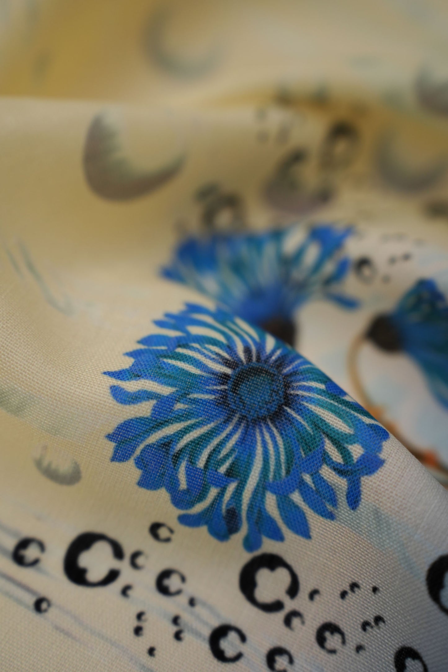 Coral Chrysanthemum Blue Linen Floral Printed Fabric