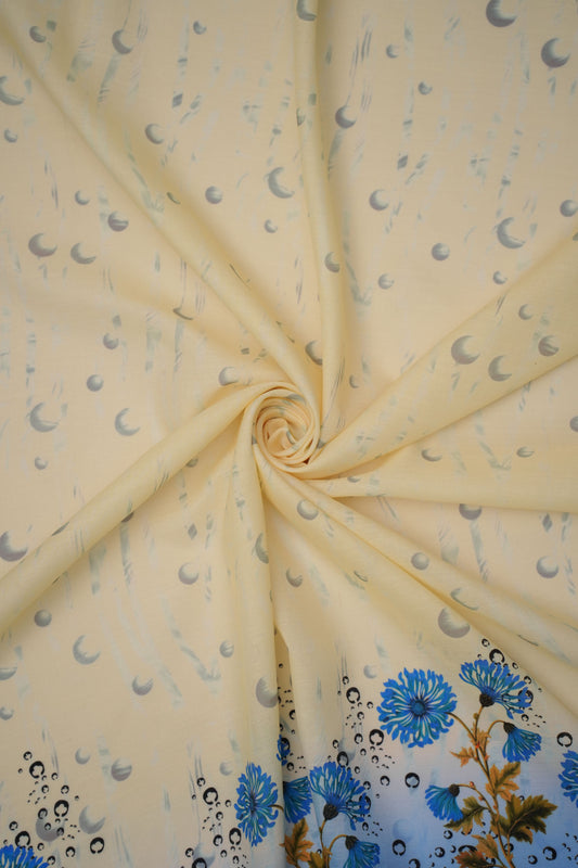 Coral Chrysanthemum Blue Linen Floral Printed Fabric