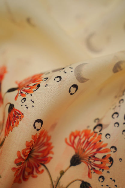Coral Chrysanthemum Yellow Linen Floral Printed Fabric