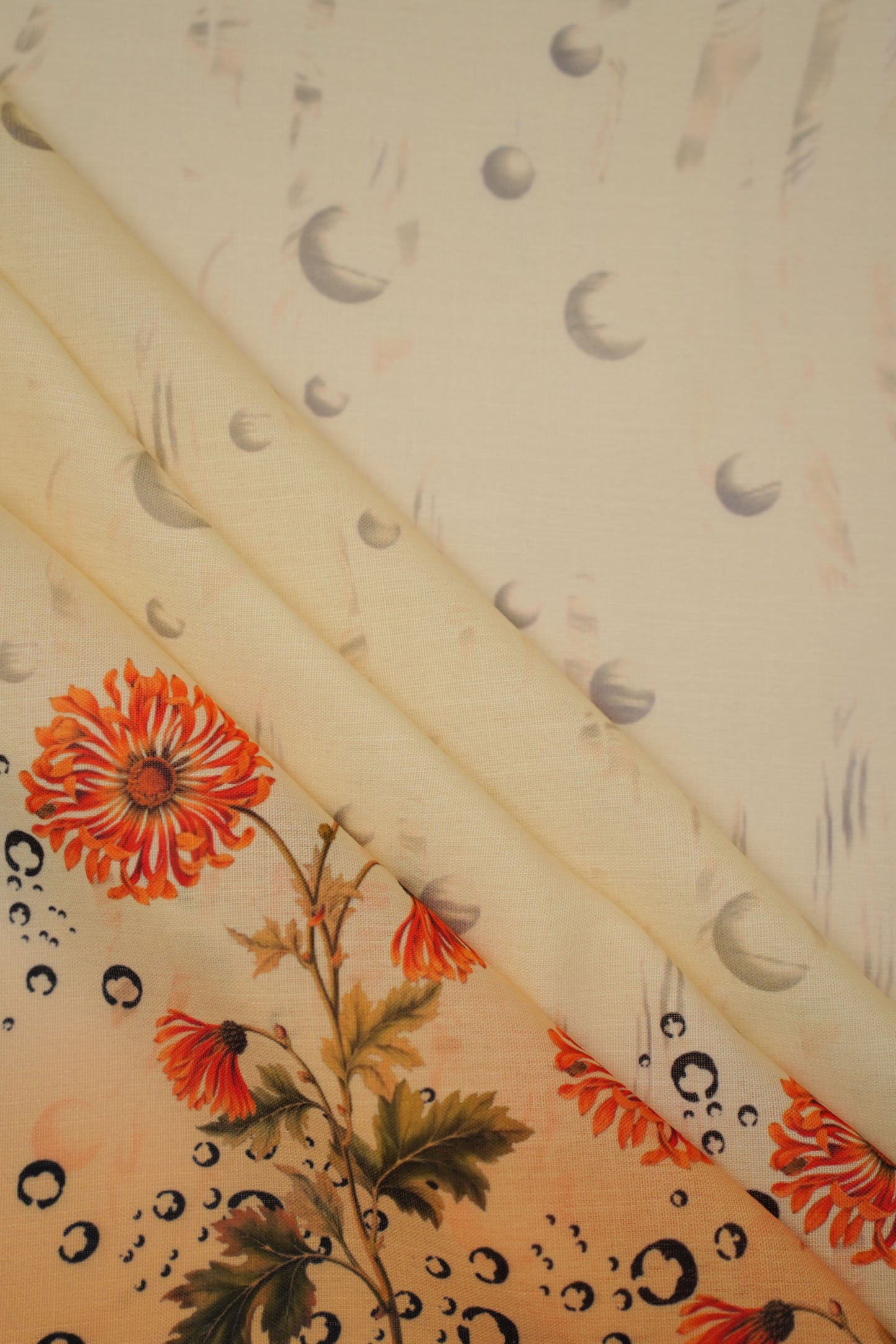 Coral Chrysanthemum Yellow Linen Floral Printed Fabric