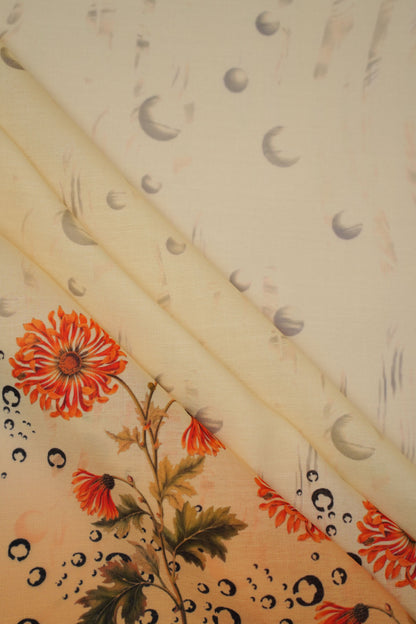 Coral Chrysanthemum Yellow Linen Floral Printed Fabric