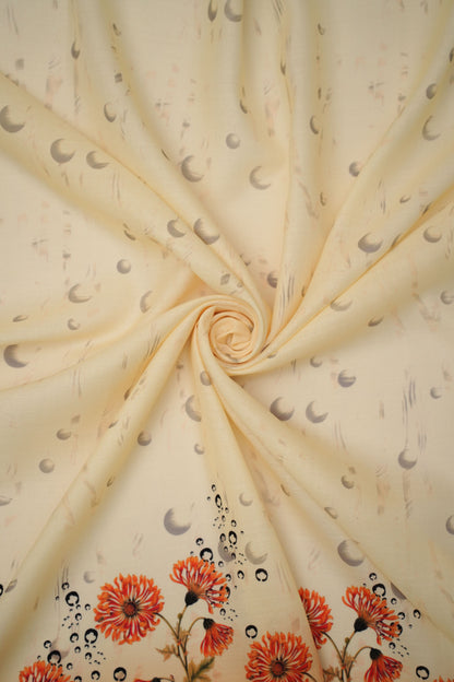Coral Chrysanthemum Yellow Linen Floral Printed Fabric