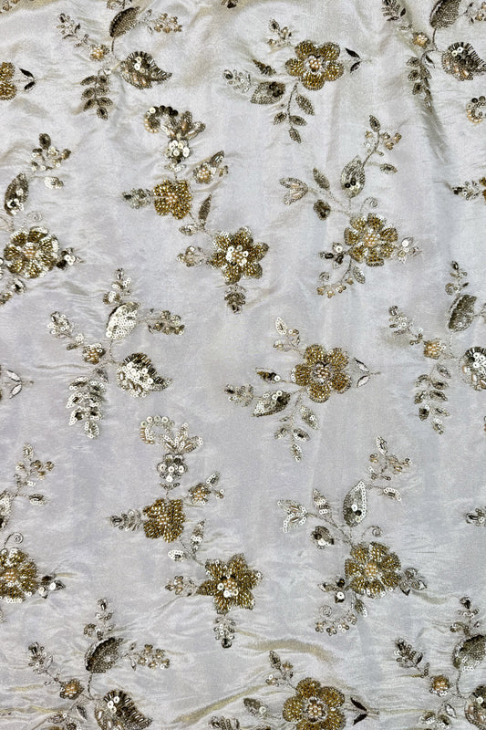 Champagne Gold Floral Hand-Embroidered Tissue Fabric with Sequins & Beads