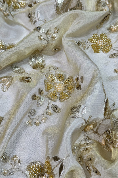 Champagne Gold Floral Hand-Embroidered Tissue Fabric with Sequins & Beads