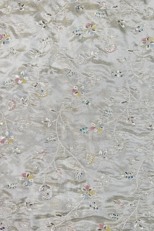 Pastel Vine Embroidered Tissue Fabric with Sequins & Beads