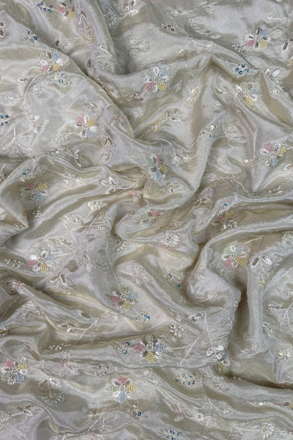 Pastel Vine Embroidered Tissue Fabric with Sequins & Beads