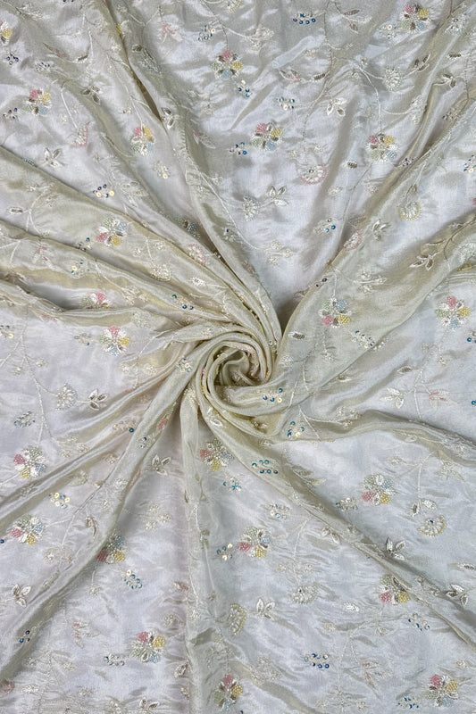 Pastel Vine Embroidered Tissue Fabric with Sequins & Beads