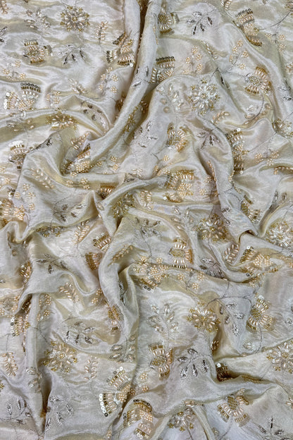 Champagne Gold Floral Beaded & Sequin Embroidered Tissue Fabric