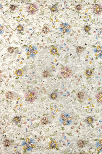 Pastel Floral Embroidered Tissue Fabric with Sequins & Beads