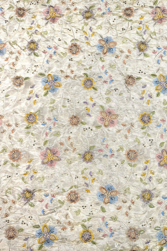 Pastel Floral Embroidered Tissue Fabric with Sequins & Beads