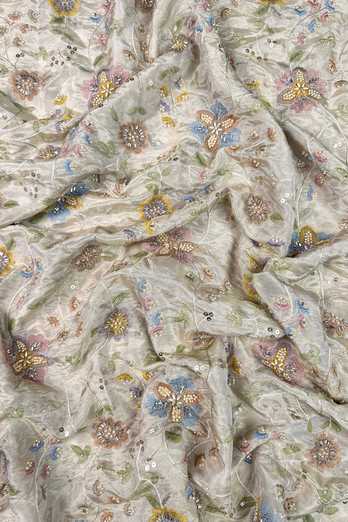Pastel Floral Embroidered Tissue Fabric with Sequins & Beads