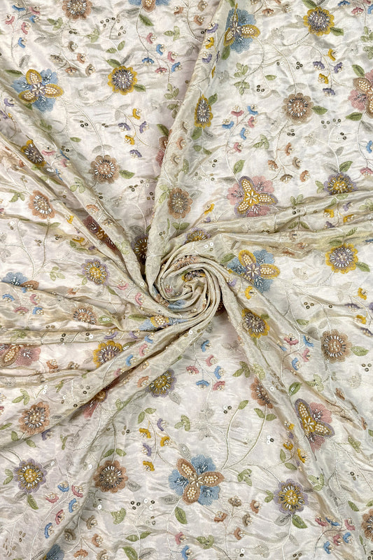 Pastel Floral Embroidered Tissue Fabric with Sequins & Beads