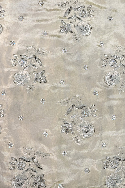 Champagne Gold Floral Hand-Embroidered Tissue Fabric with Sequins and Beads