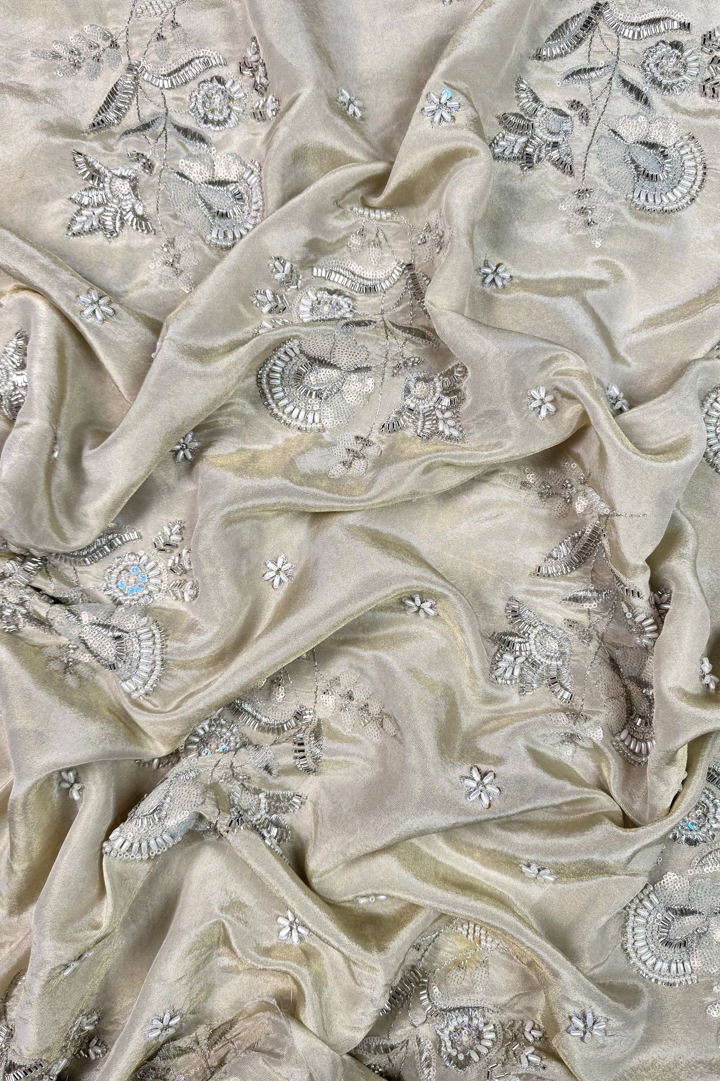 Champagne Gold Floral Hand-Embroidered Tissue Fabric with Sequins and Beads