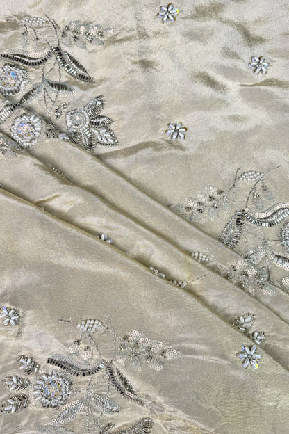 Champagne Gold Floral Hand-Embroidered Tissue Fabric with Sequins and Beads