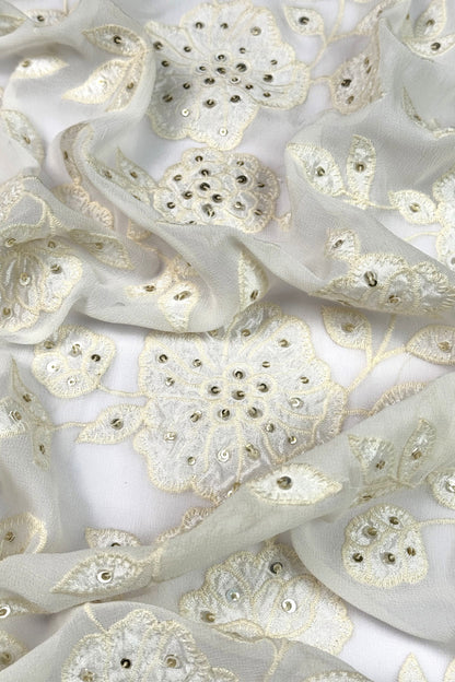 Ivory Floral Sequin Embroidered Viscose Georgette Fabric