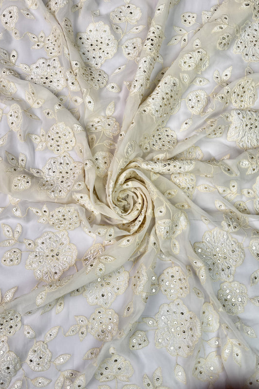 Ivory Floral Sequin Embroidered Viscose Georgette Fabric