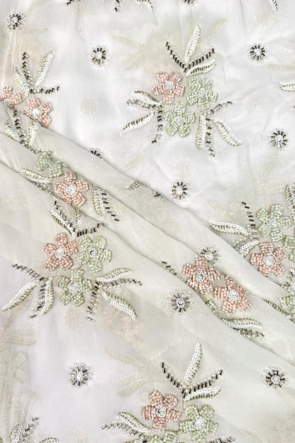 Pastel Floral Hand-Embroidered Viscose Georgette Fabric