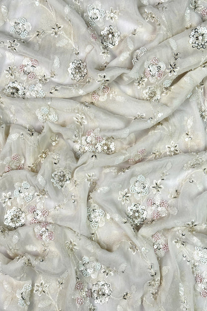 Ivory Sequin & Bead Embroidered Viscose Georgette Fabric