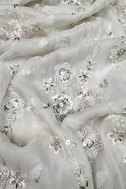 Ivory Sequin & Bead Embroidered Viscose Georgette Fabric