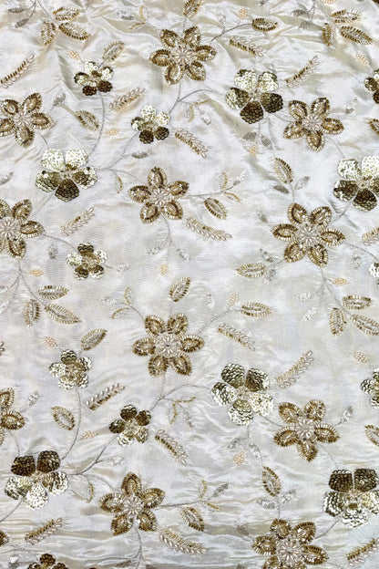 Ivory Floral Hand-Embroidered Tissue Fabric with Sequins & Beads