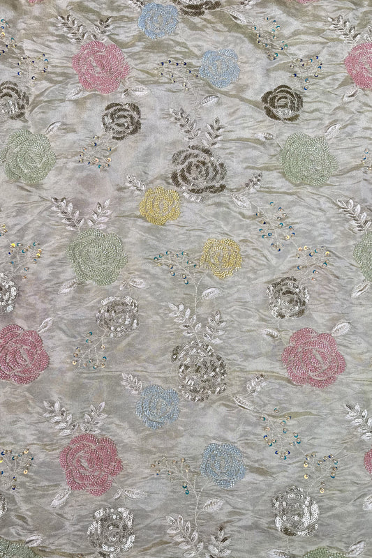 Pastel Rose Bead Embroidered Tissue Fabric