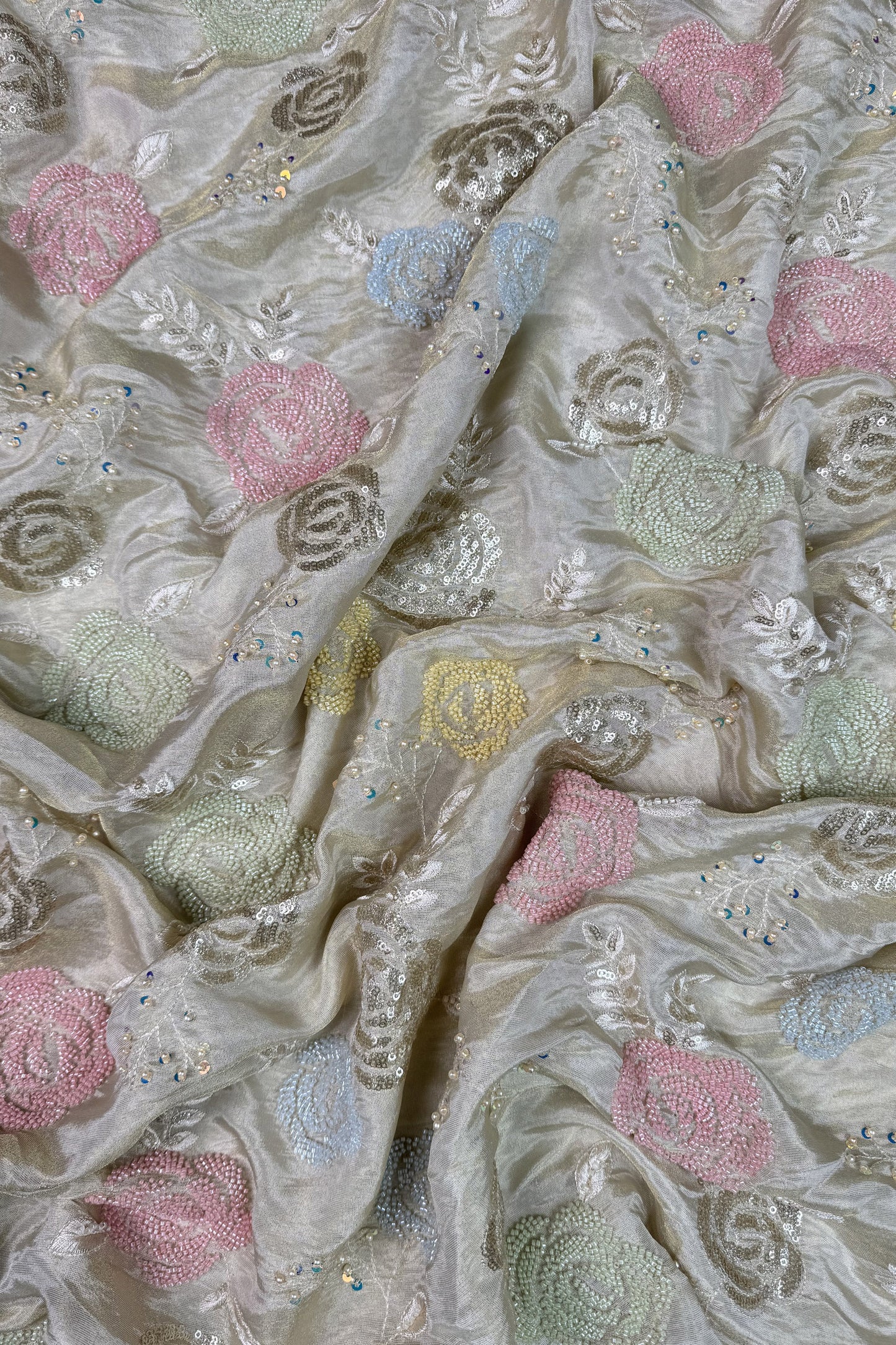 Pastel Rose Bead Embroidered Tissue Fabric