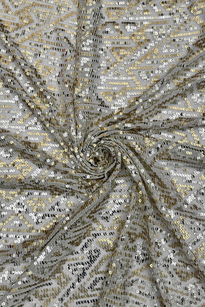 Silver Blush Geometric Glitz Gold Sequin Embroidered Fabric