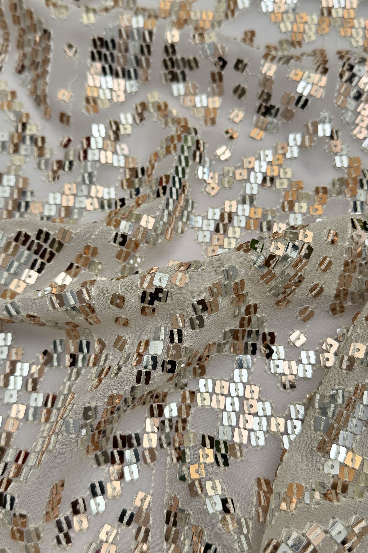 Silver Blush Geometric Glitz Rose Gold Sequin Embroidered Fabric