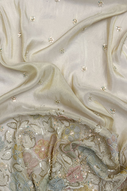 Champagne Organza Multicolor Floral Embroidered Fabric