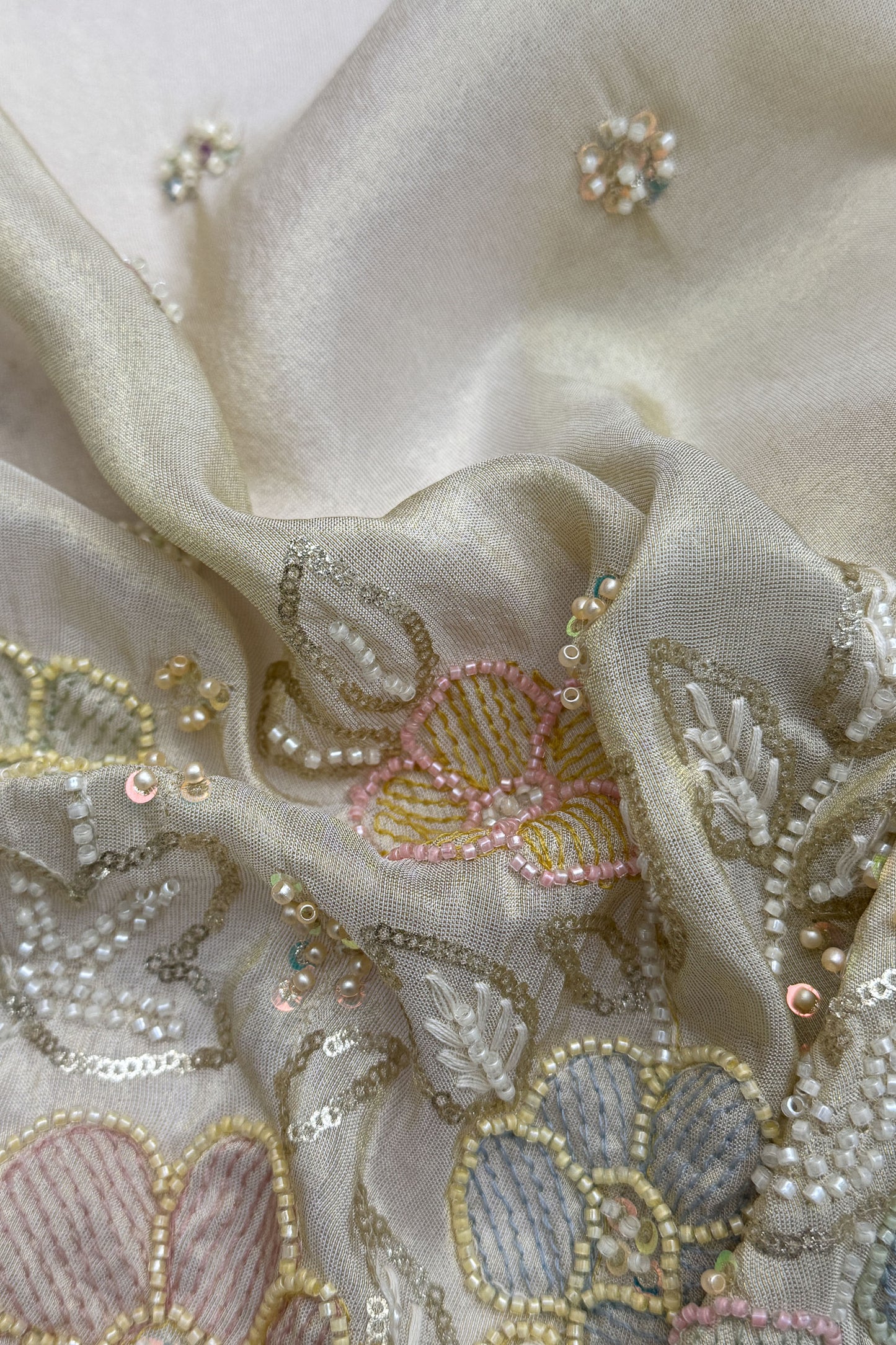Champagne Organza Multicolor Floral Embroidered Fabric