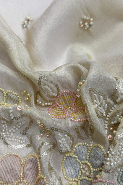 Champagne Organza Multicolor Floral Embroidered Fabric