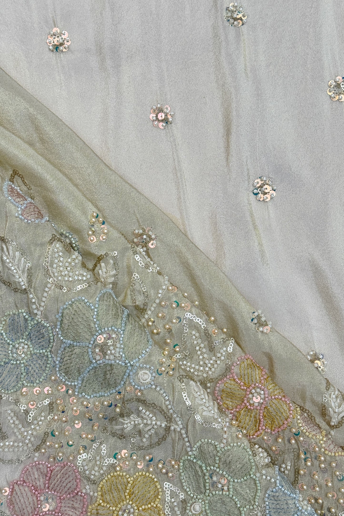 Champagne Organza Multicolor Floral Embroidered Fabric