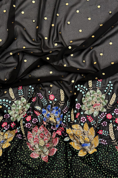 Noir Regal Bloom Sequin Embroidered Georgette Fabric