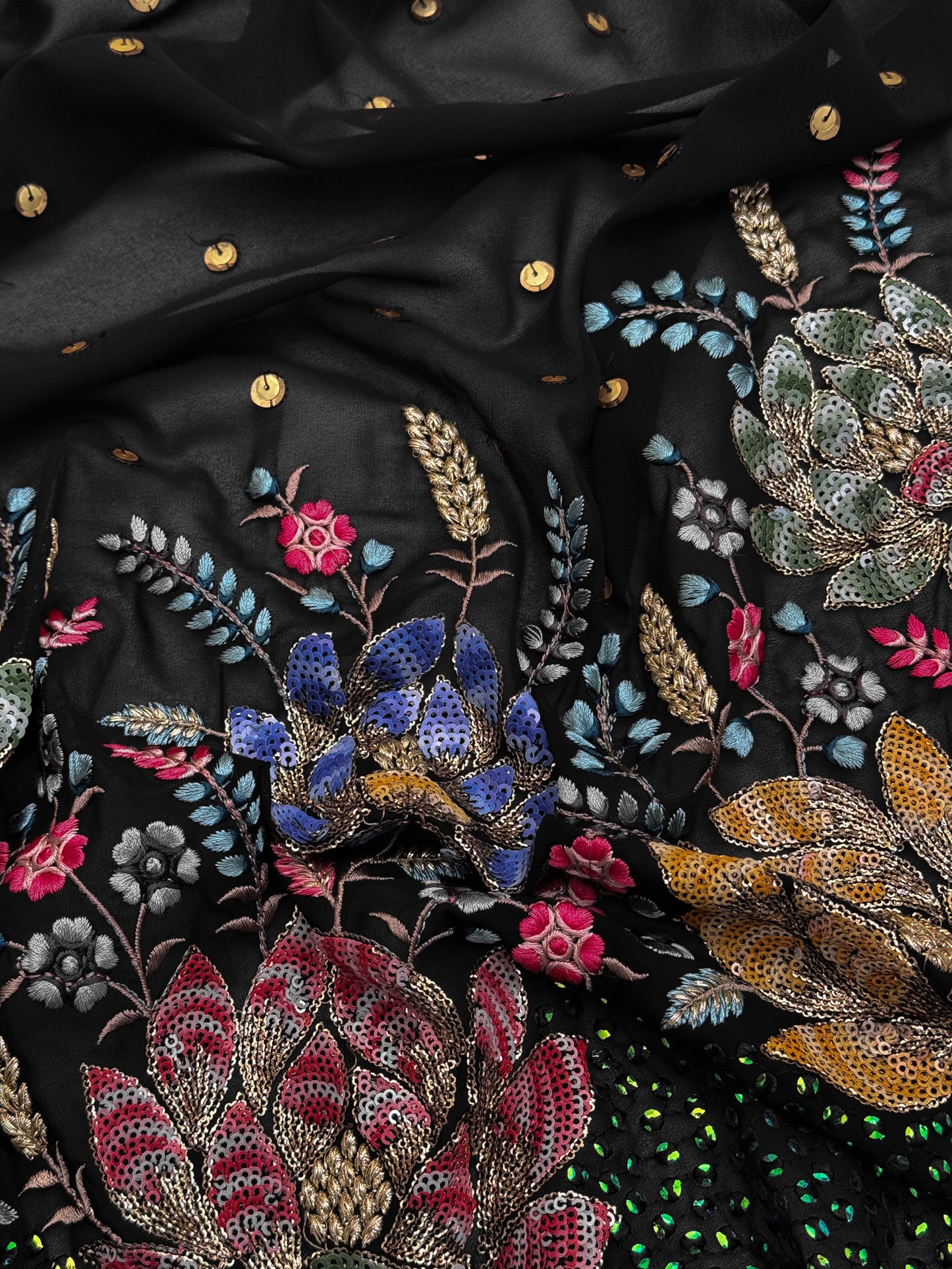 Noir Regal Bloom Sequin Embroidered Georgette Fabric