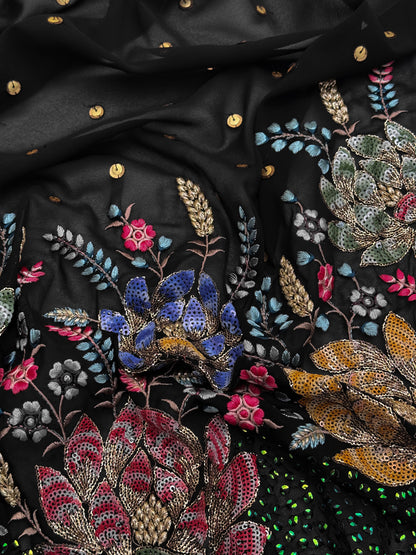 Noir Regal Bloom Sequin Embroidered Georgette Fabric