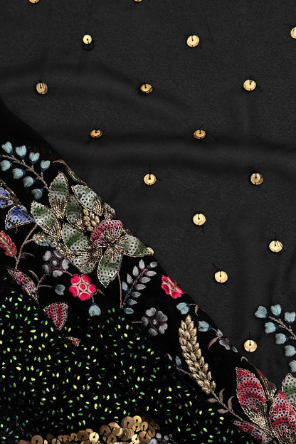 Noir Regal Bloom Sequin Embroidered Georgette Fabric