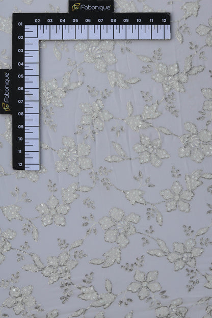 White Floral Embroidered Fabric with Silver Sequin Detailing