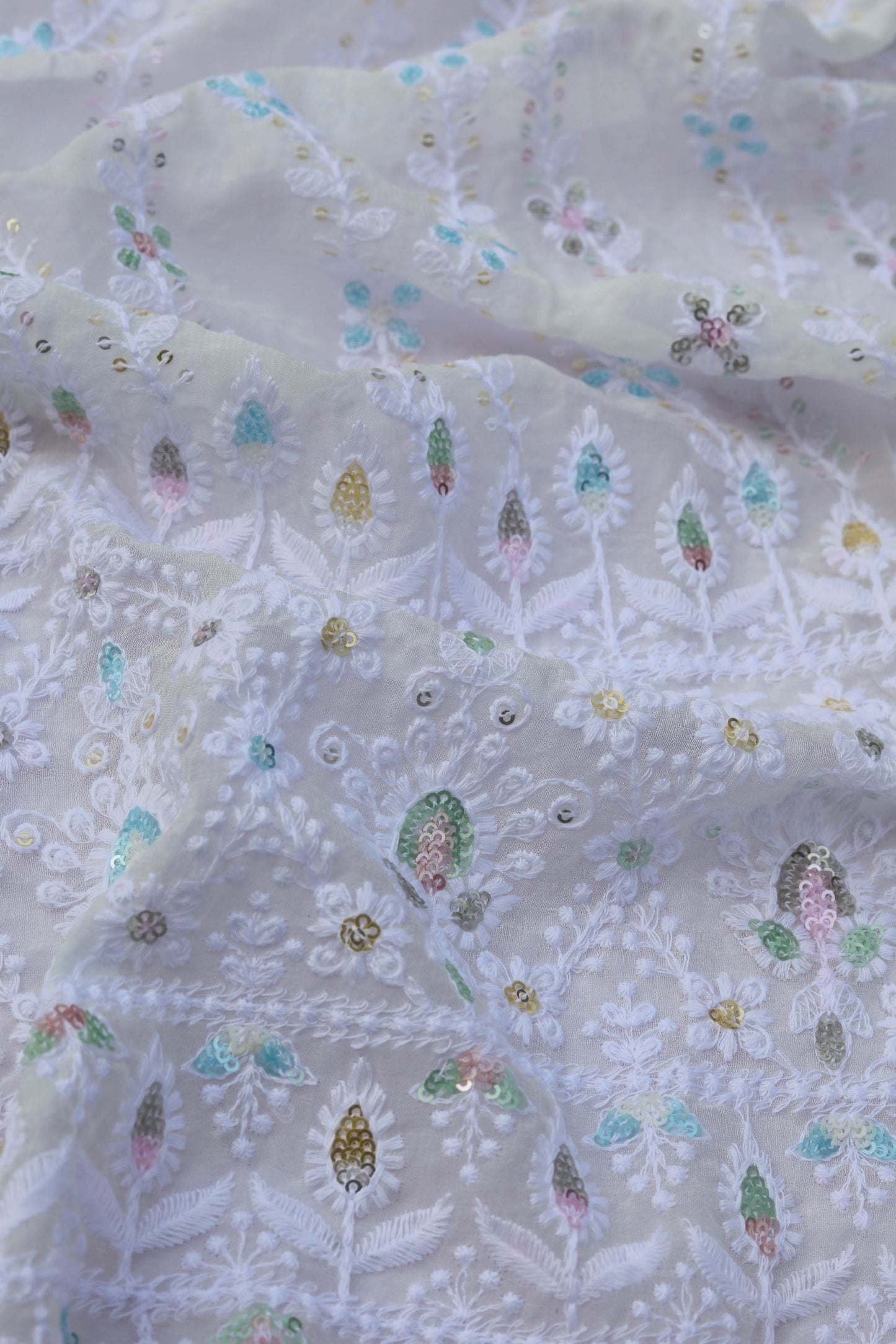 Vertical Floral Sequin Embroidered Fabric with Ornate Border