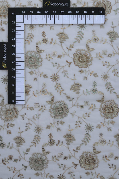 White Floral Embroidered Fabric with Gold Detailing