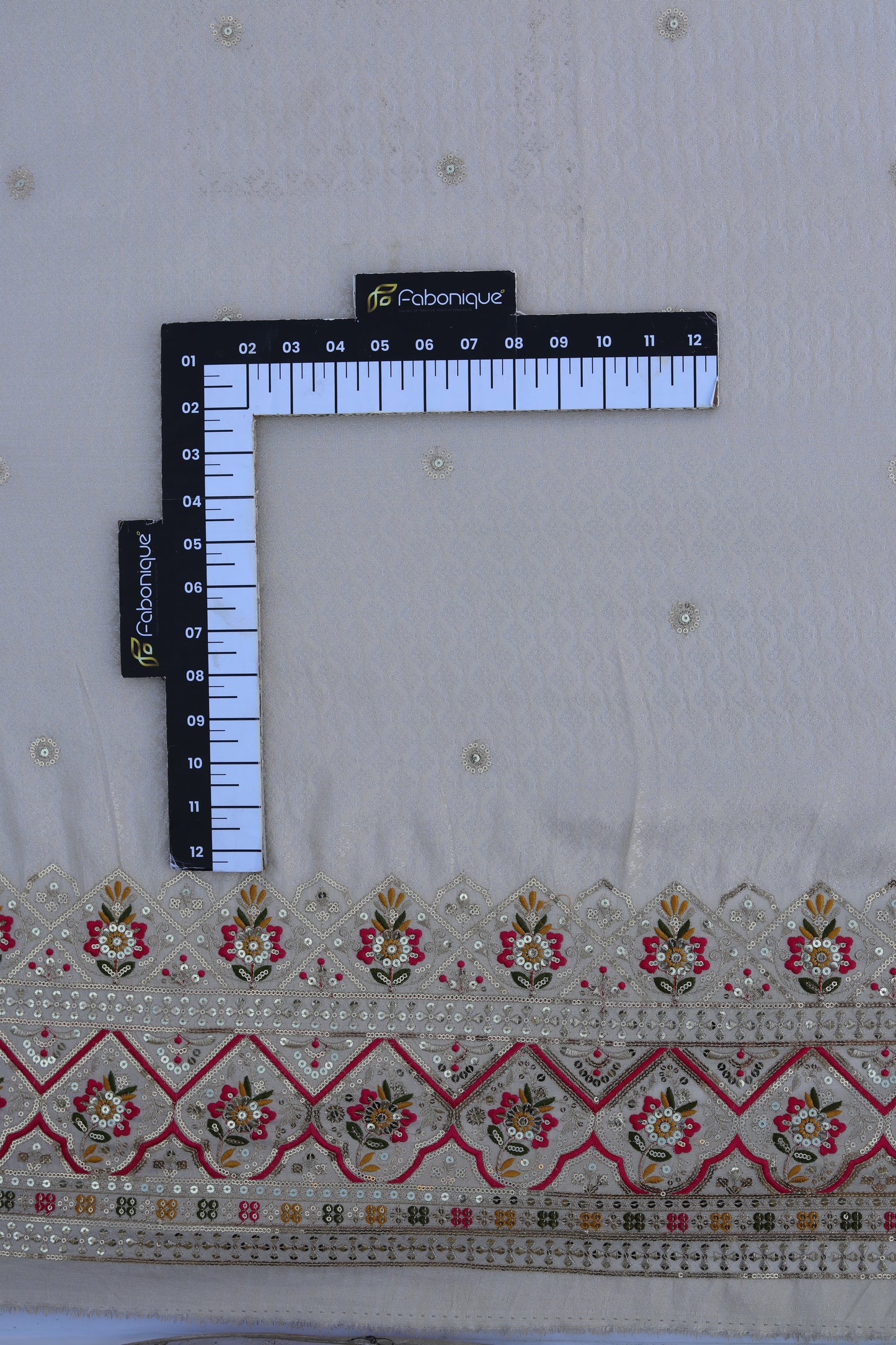 Banarasi Tissue Brocade Fabric with Floral Embroidery and Colorful Border