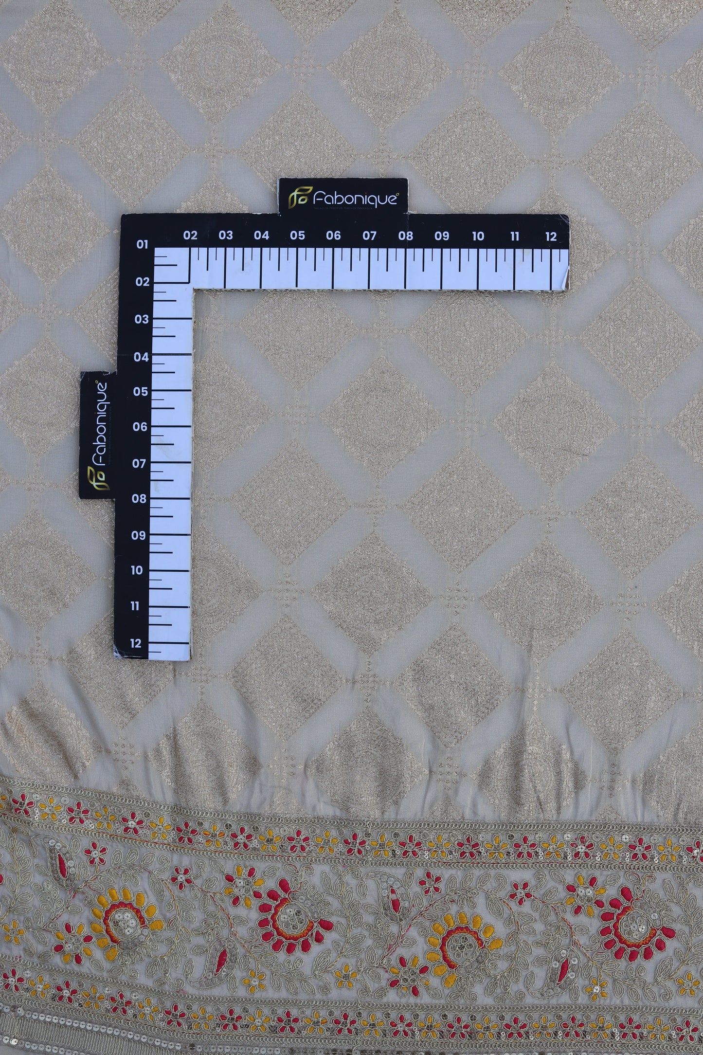 Banarasi Tissue Brocade Fabric with Floral Embroidery and Mirror Accents