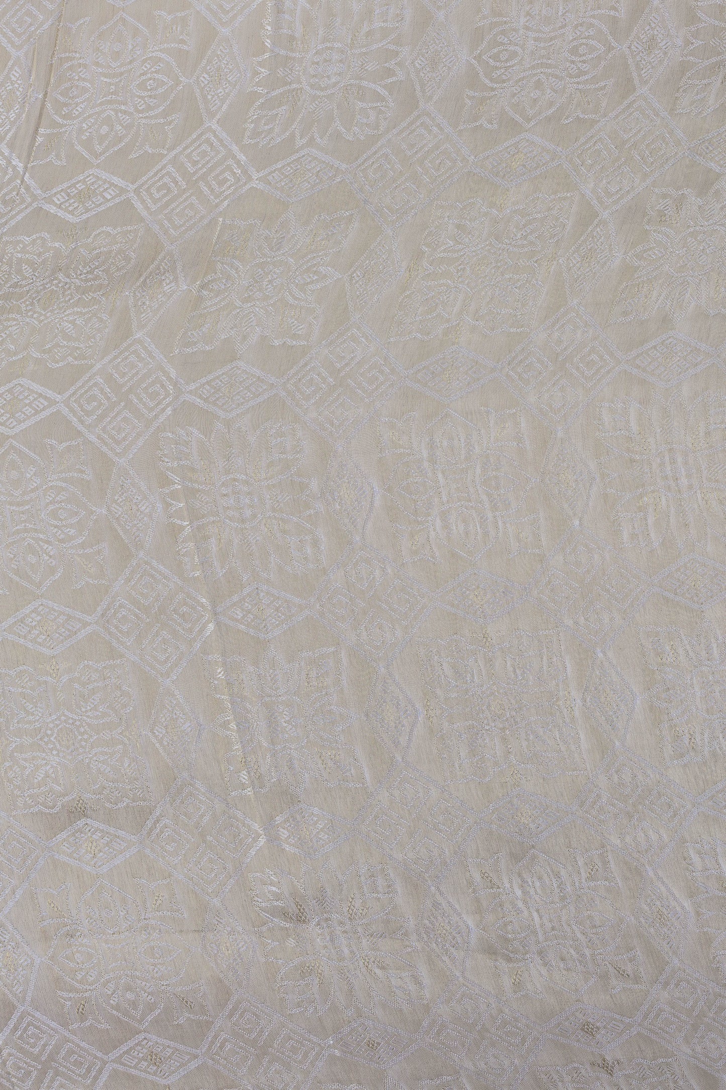 Pure Tanchoi Silk Floral Fabric with Ornate Geometric Design and Lustrous Finish